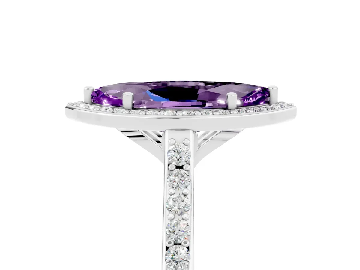 Marquise Cut Amethyst Halo Engagement Ring with Round Pavé Shoulders and Prong Setting Platinum