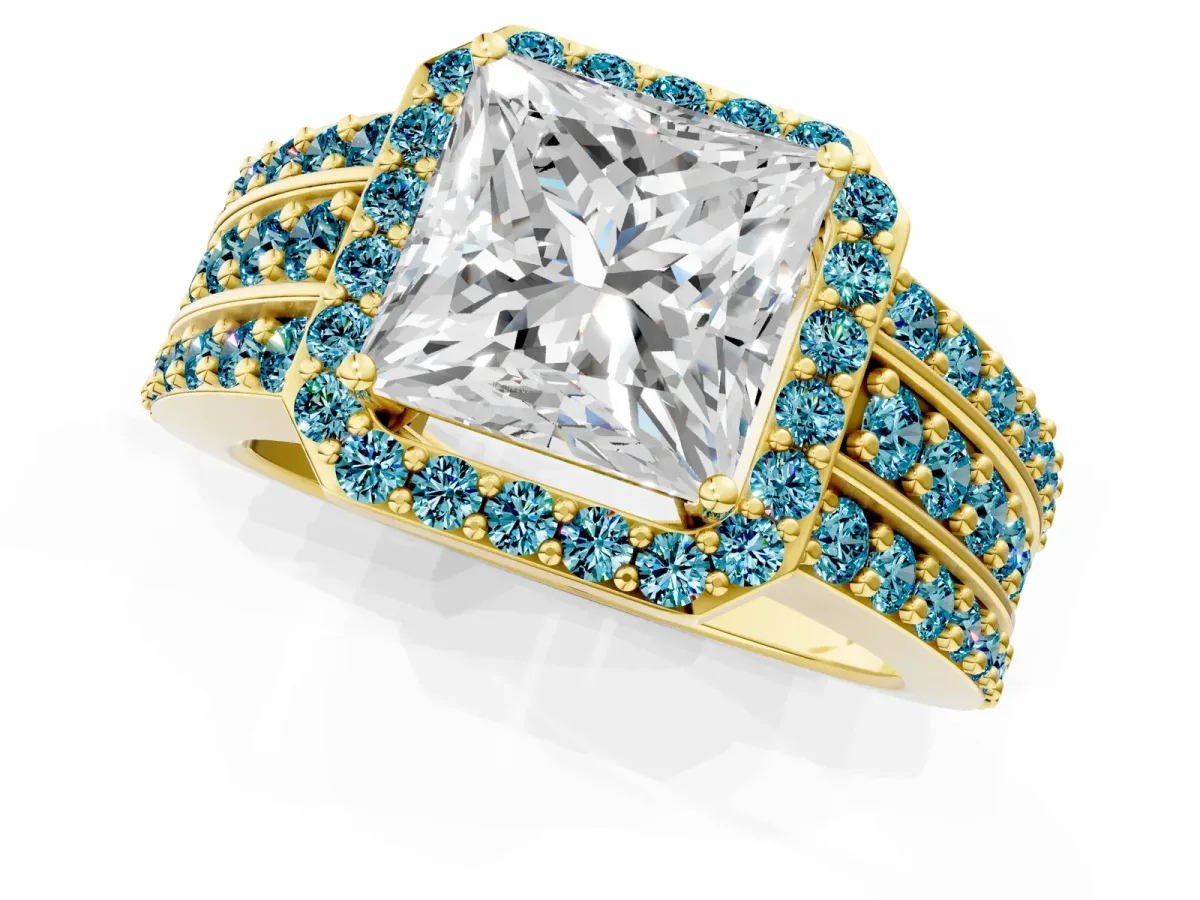 Princess Cut Halo Diamond Ring with Round Blue Topaz Split Shank and Prong Setting Yellow gold