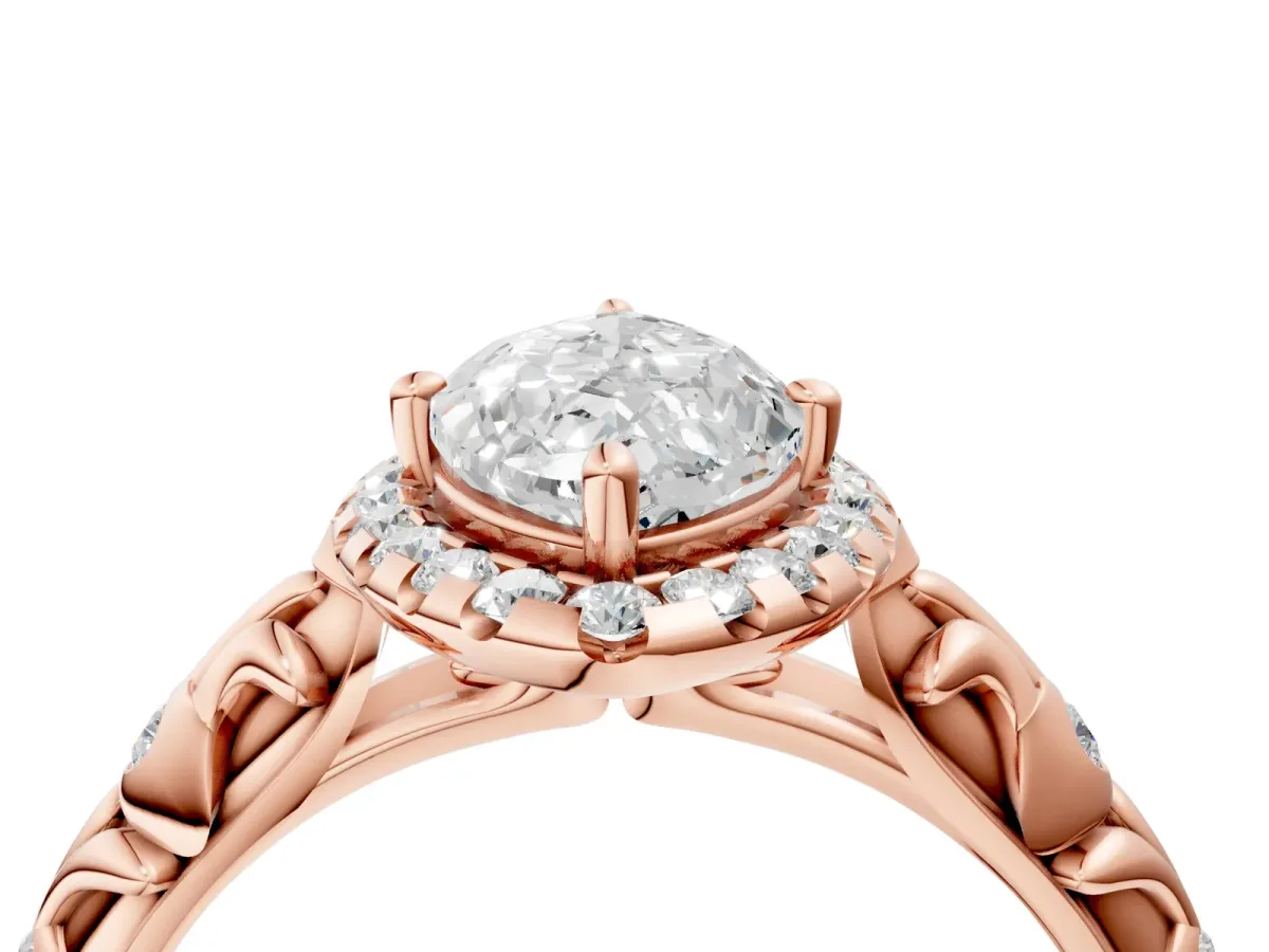 Marquise Cut Diamond Halo Ring with Filigree Band and Prong Setting Rose gold