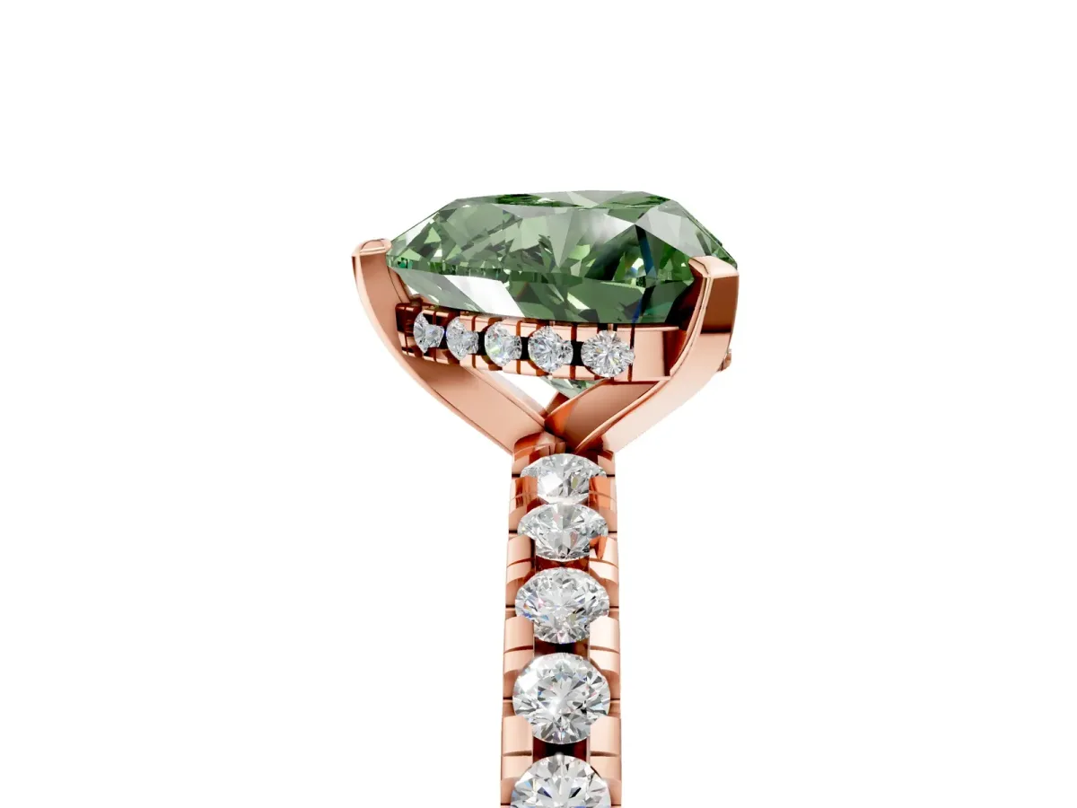Fancy Green Heart Cut Diamond Solitaire Ring with Round Pavé Band and Four-Prong Setting Rose gold