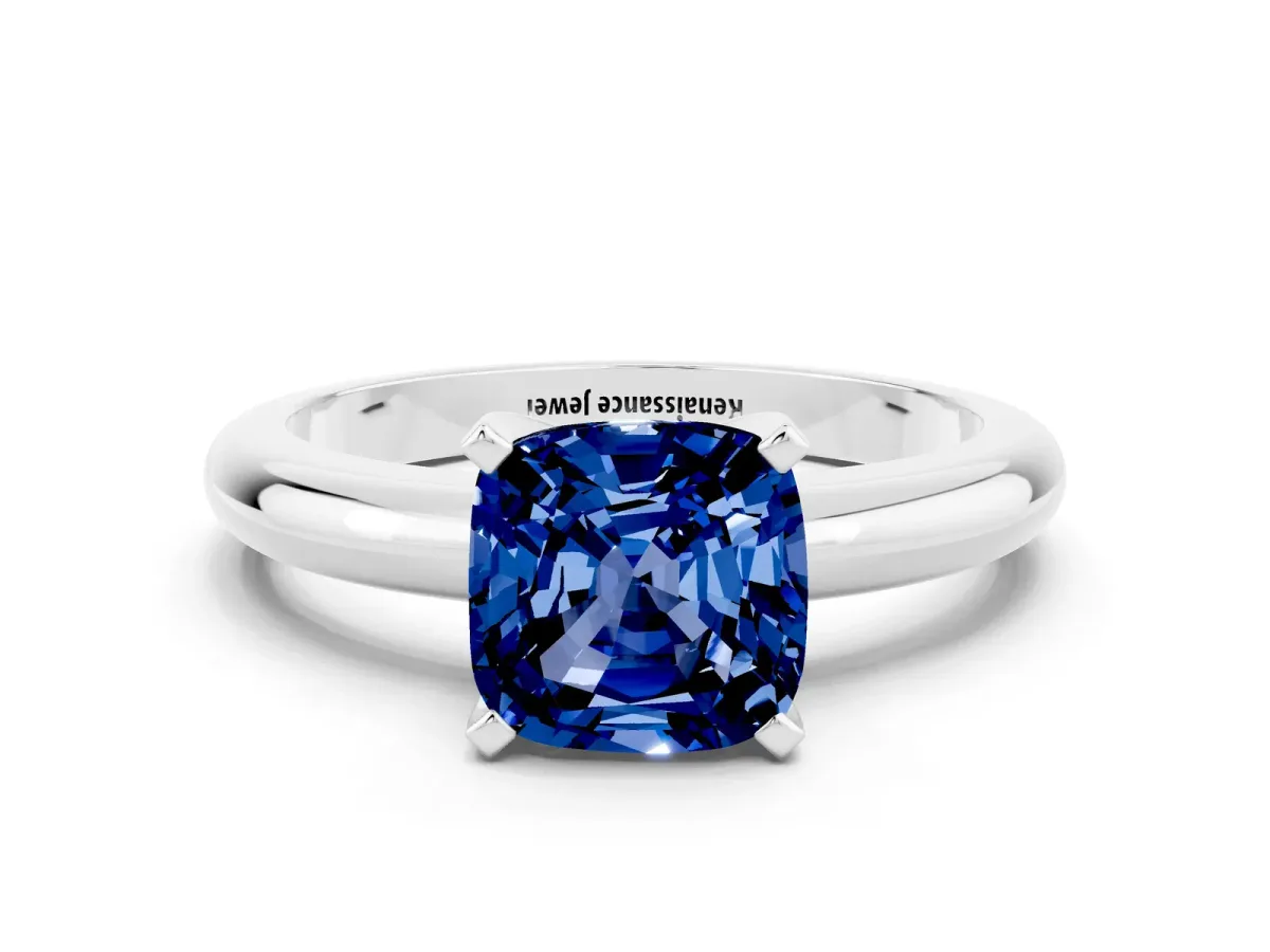 Cushion Cut Blue Sapphire Solitaire Engagement Ring with Round Band and Four-Prong Setting White gold