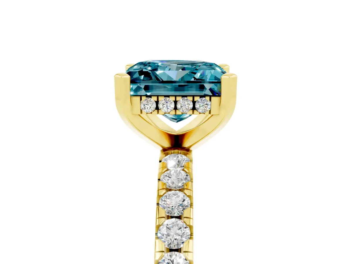 Princess Cut Blue Topaz Solitaire Ring with Round Pavé Band and Four-Prong Setting Yellow gold