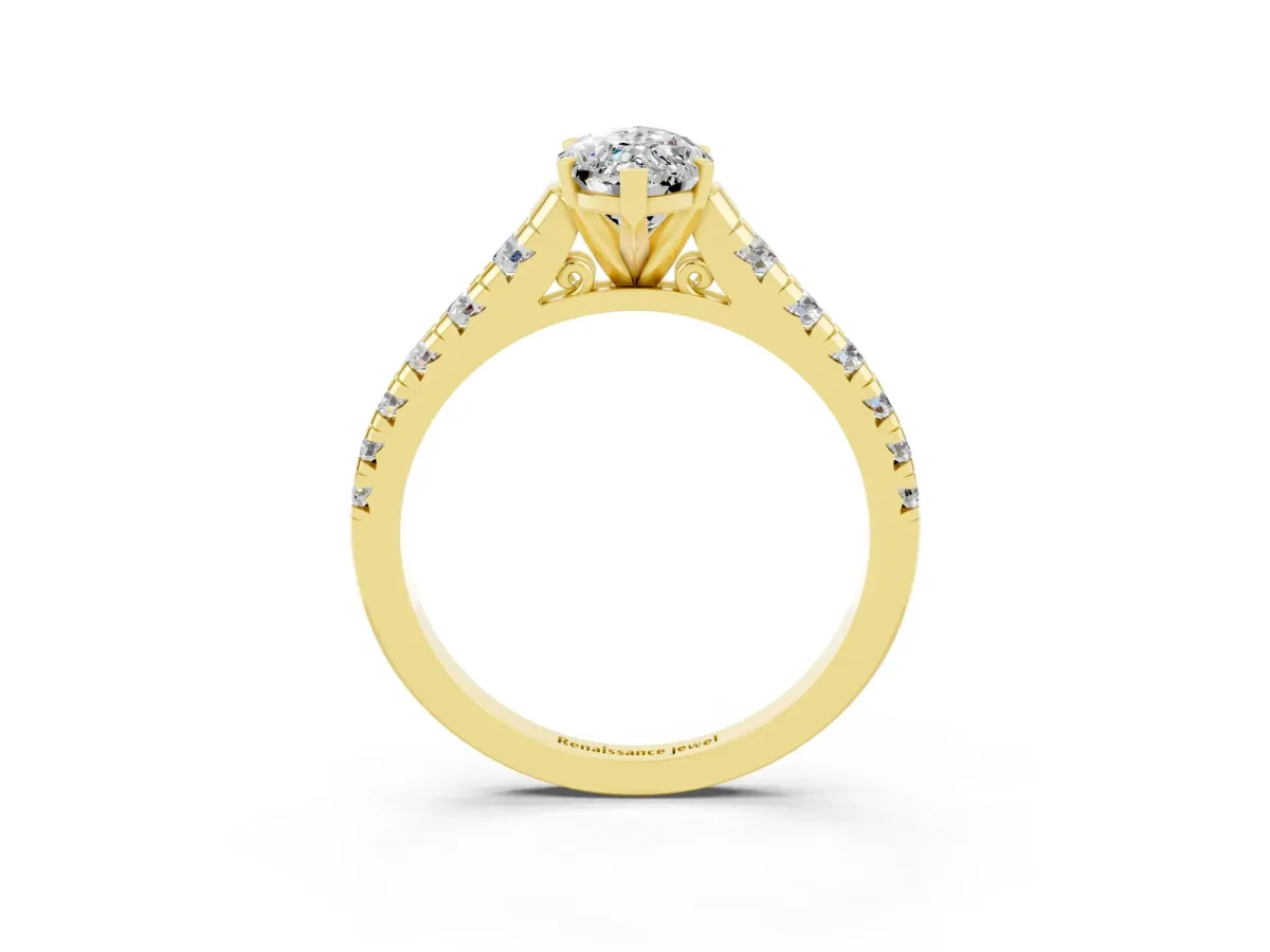 Marquise Cut Moissanite Cathedral Solitaire Ring with Round Pavé Band Yellow gold