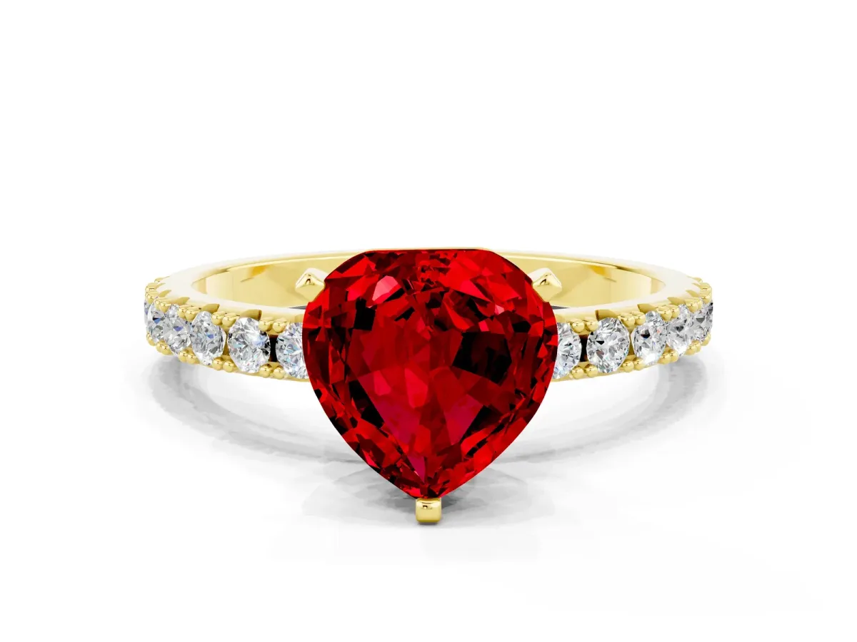 Heart Cut Ruby Solitaire Pavé Band with Four-Prong Setting Yellow gold