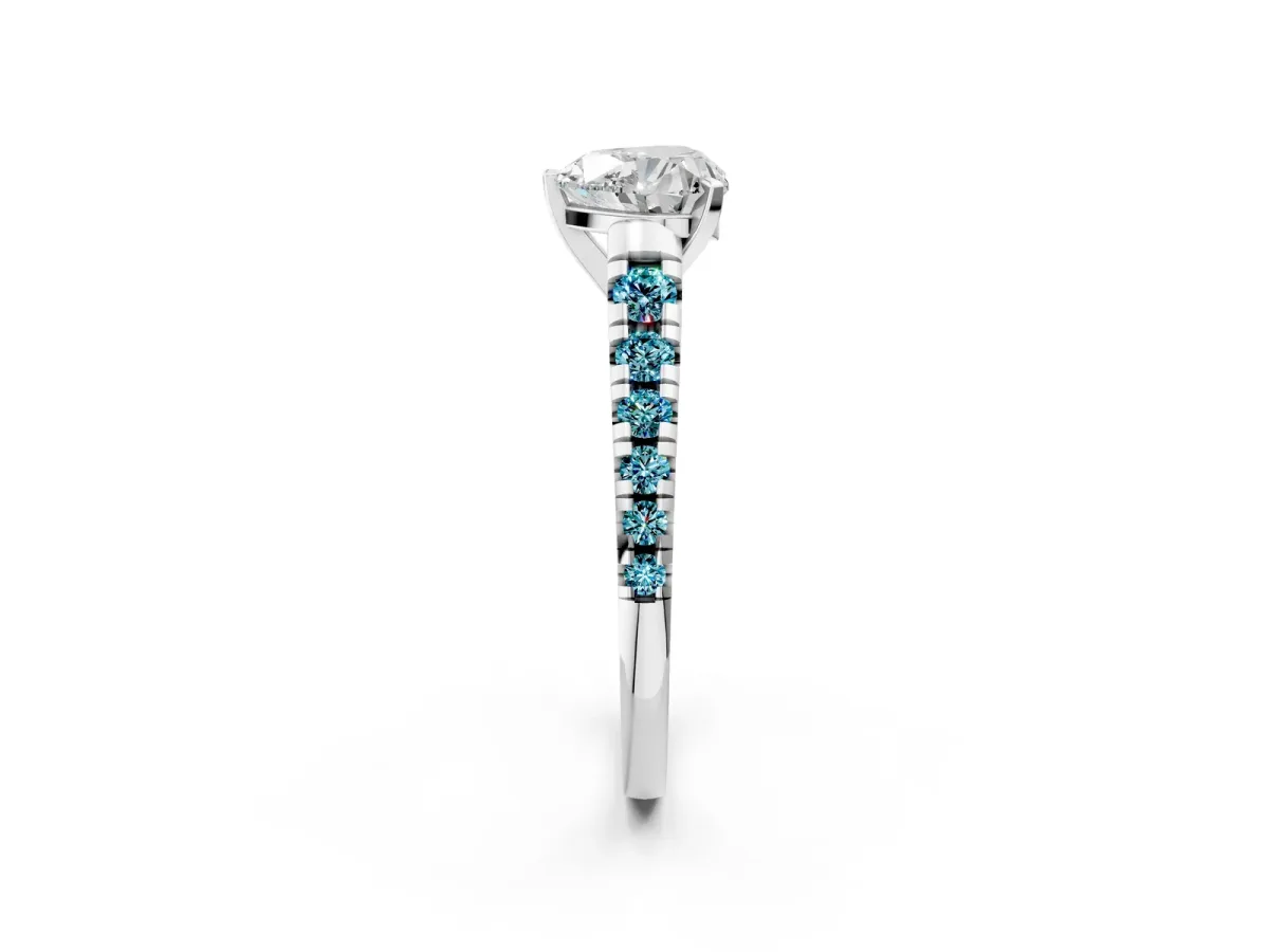 Heart Cut Diamond Cathedral Solitaire Ring with Round Blue Topaz Pavé Band White gold