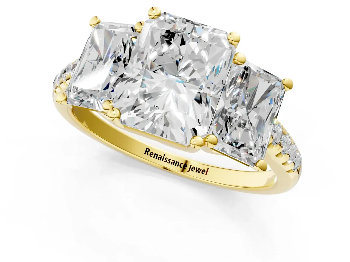 Three-Stone Radiant Cut Diamond Ring with Round Moissanite Pavé Band and Prong Setting Yellow gold