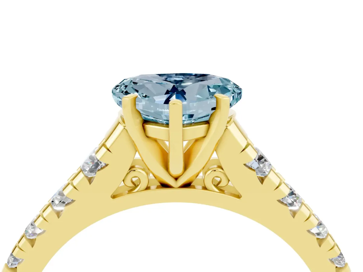 Heart Cut Aquamarine Cathedral Solitaire Ring with Round Pavé Band Yellow gold