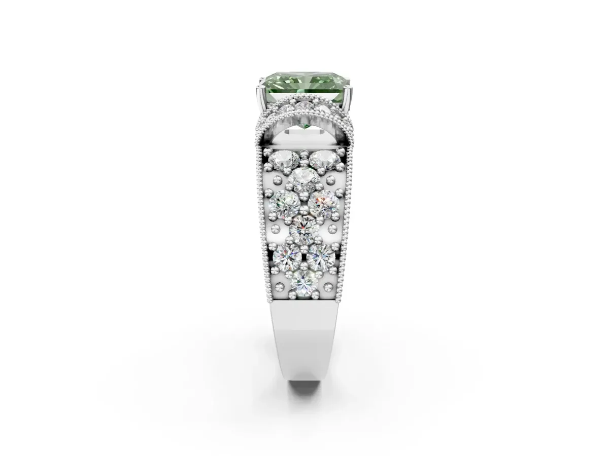 Fancy Green Radiant Cut Halo Pave Diamond Engagement Ring with Milgrain Detailing Platinum