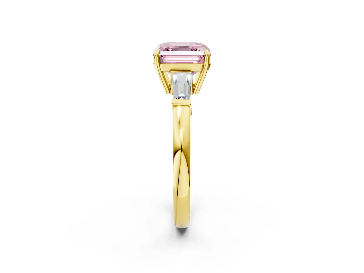 Fancy Pink Asscher Cut Diamond Three-Stone Ring with Tapered Baguette Side Stones and Prong Setting Yellow gold