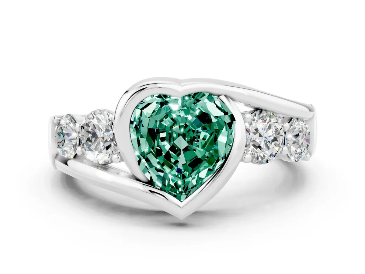 Bezel Set Heart Cut Green Sapphire Bypass Ring with Round Accents Silver