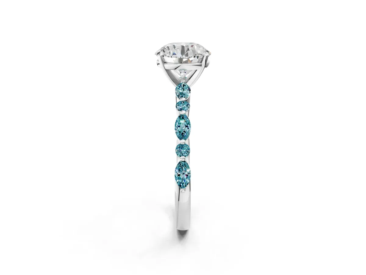 Round Cut Diamond Ring with Marquise and Round Blue Topaz Side Stones and Four-Prong Setting White gold