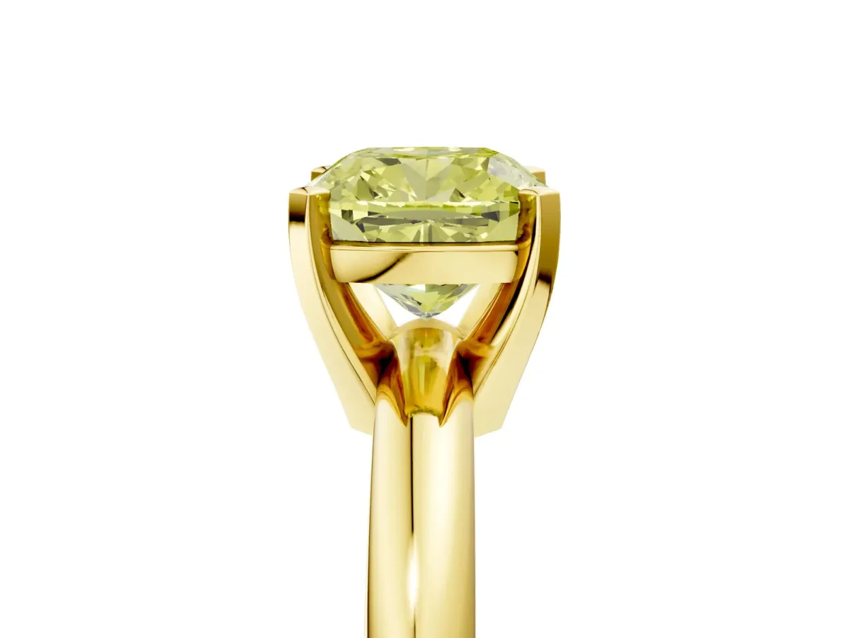 Fancy Yellow Cushion Cut Diamond Solitaire Engagement Ring with Round Band and Four-Prong Setting Yellow gold