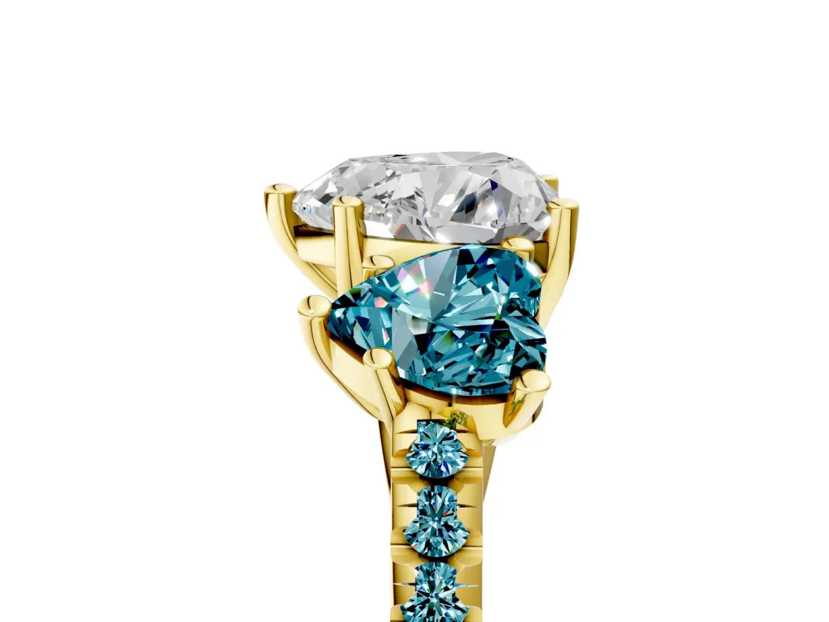 Three-Stone Heart Cut Diamond Ring with Round Blue Topaz Pavé Band and Prong Setting Yellow gold