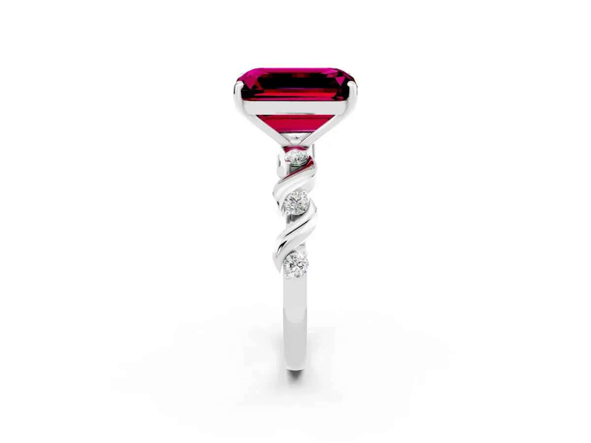 Emerald Cut Garnet Solitaire Twisted Band with Round Accents and Prong Setting Silver