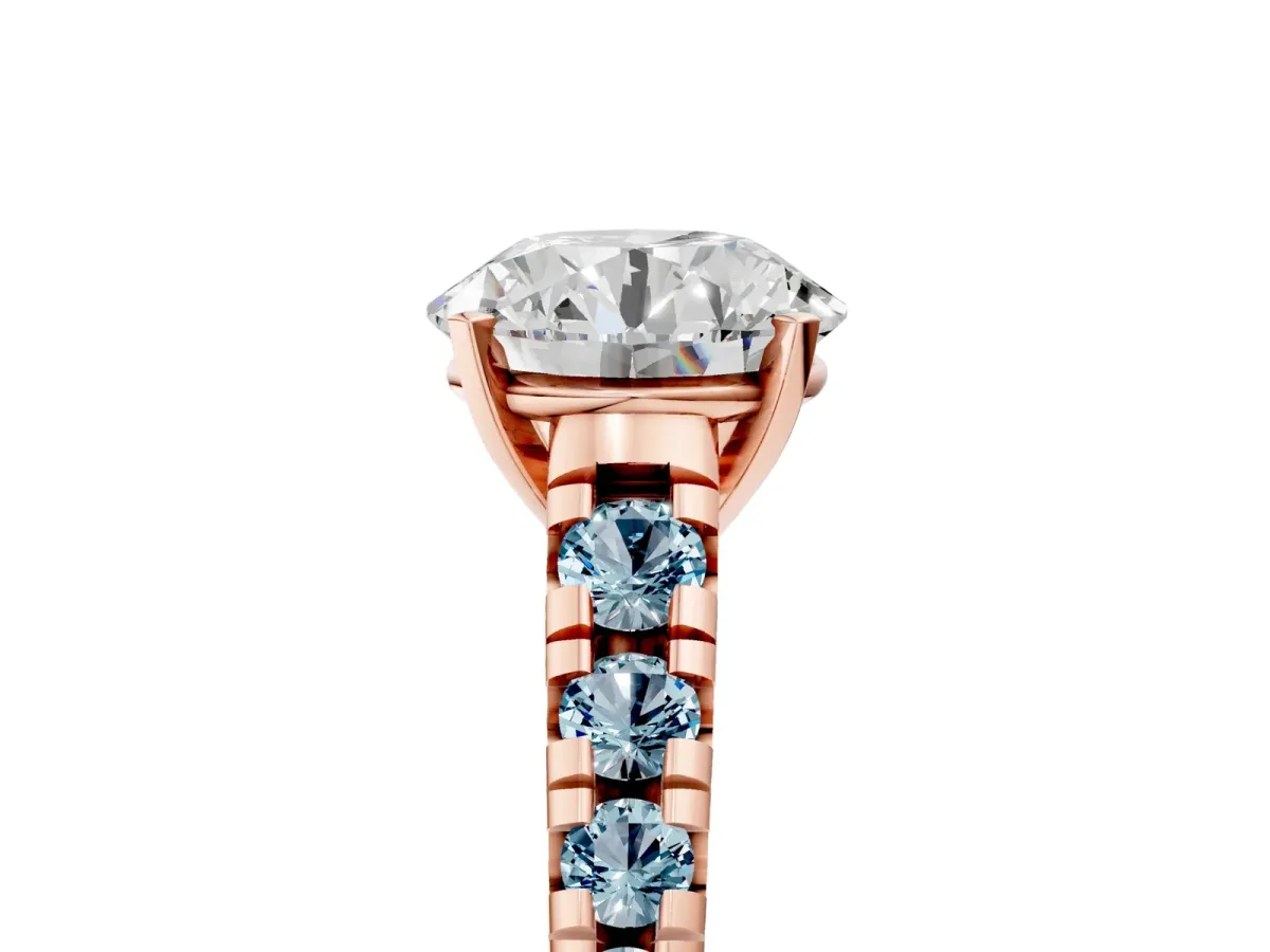Round Cut Diamond Cathedral Solitaire Ring with Round Aquamarine Pavé Band Rose gold