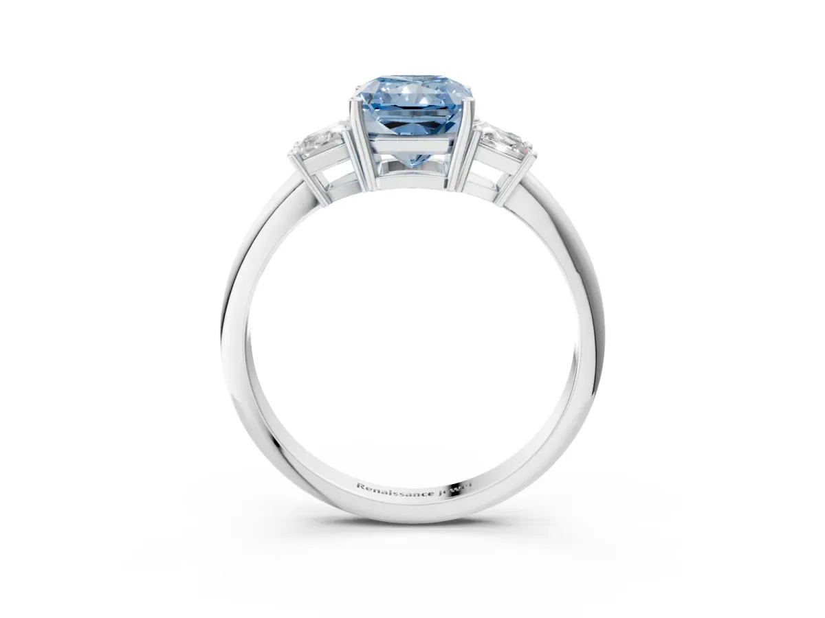 Fancy Blue Radiant Cut Diamond Three-Stone Ring with Trapezoid Side Stones and Prong Setting Silver