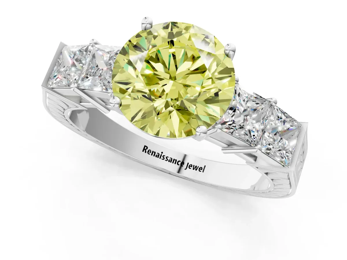 Fancy Yellow Round Cut Solitaire Princess Side Stone Engraved Band Prong Setting Ring Silver