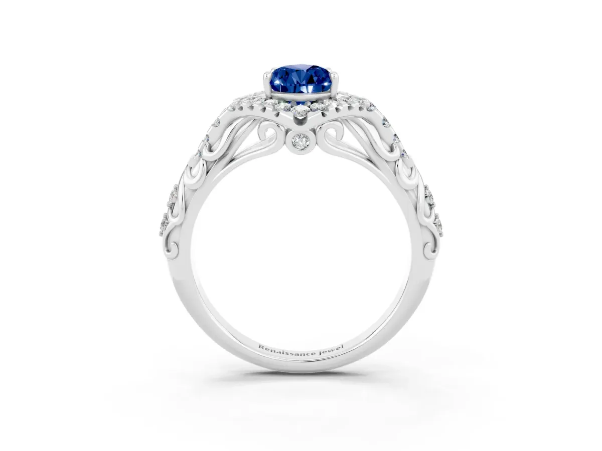 Pear Cut Blue Sapphire Solitaire Ring with Hidden Halo and Pavé Band White gold