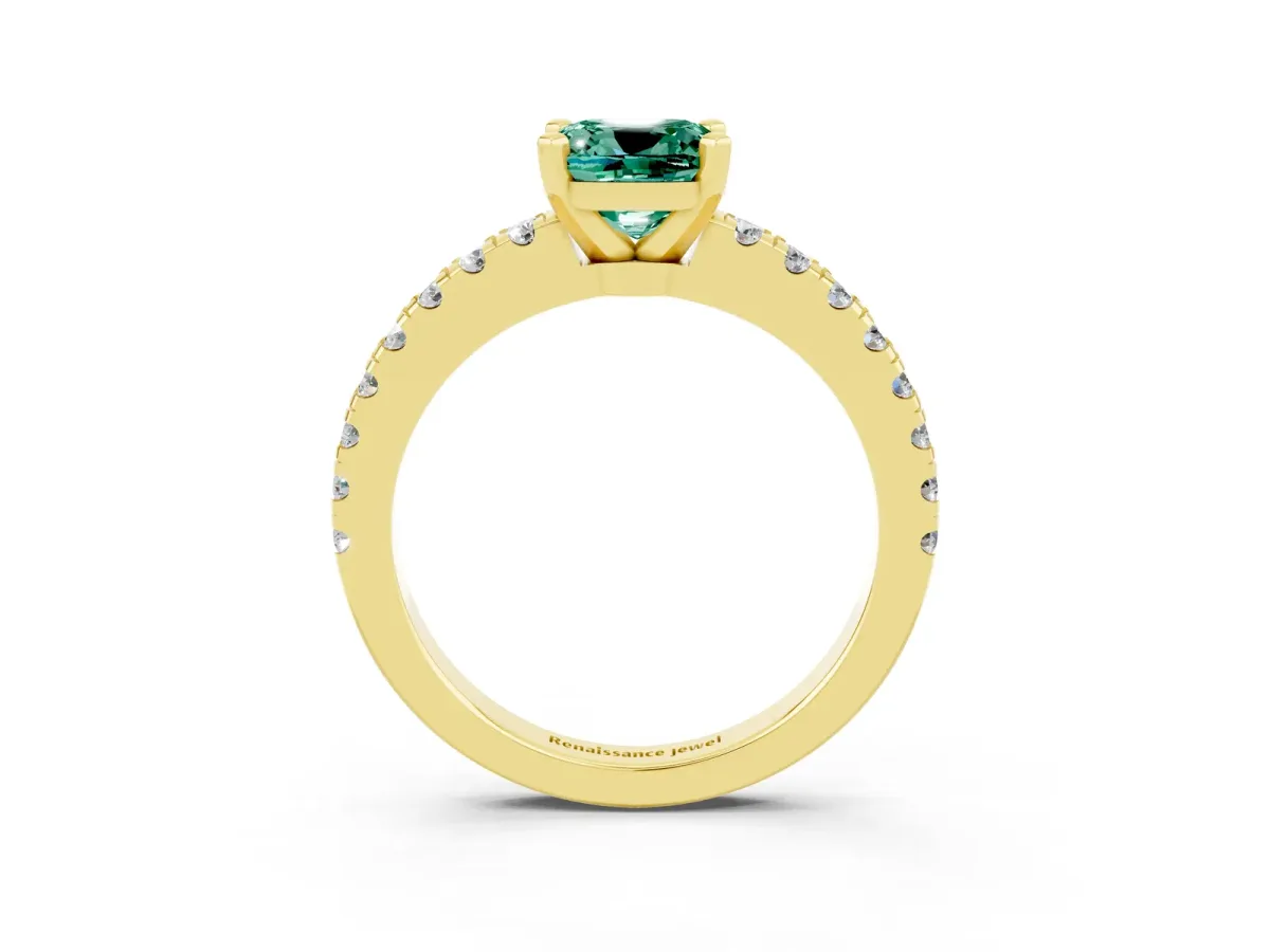 Cushion Cut Solitaire Green Sapphire with Pavé Band and Four-Prong Setting Yellow gold