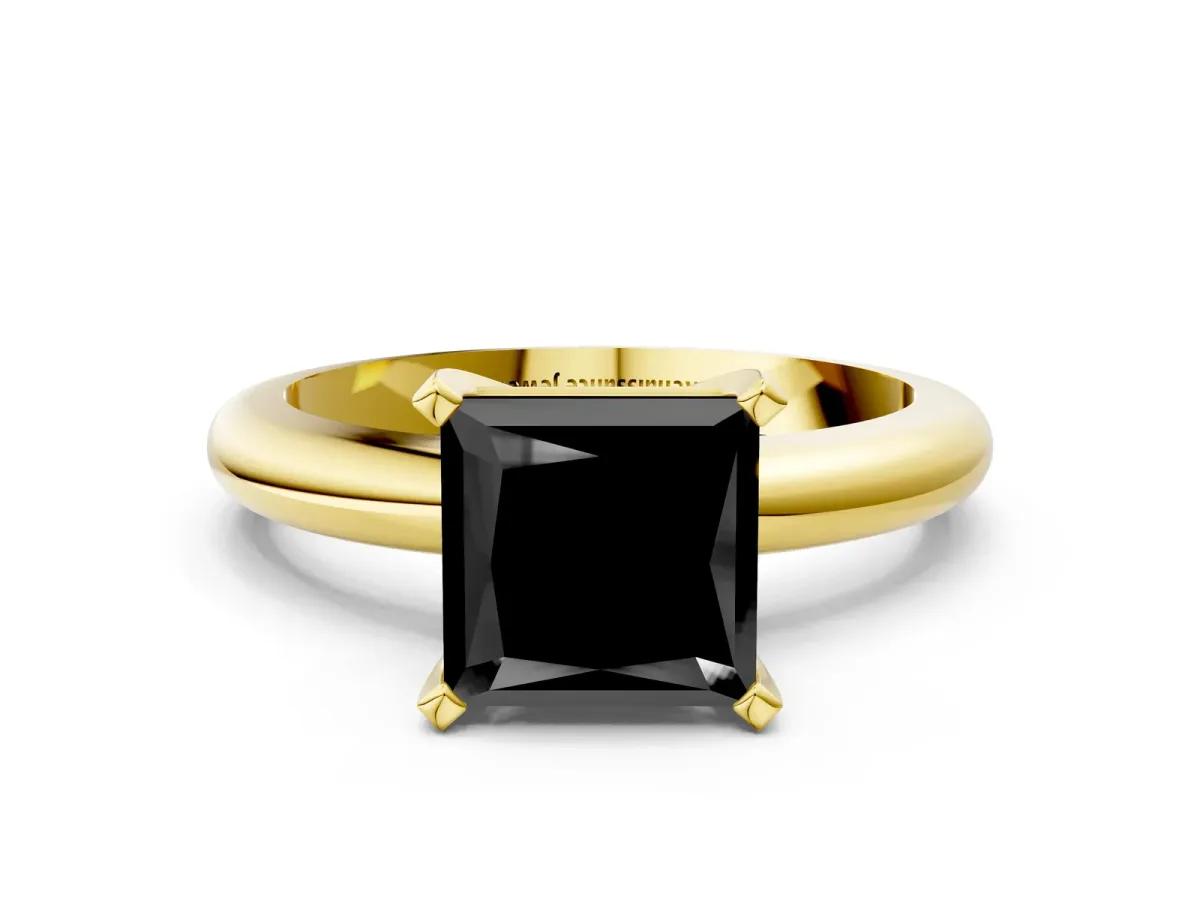 Fancy Black Princess Cut Diamond Solitaire Engagement Ring with Round Band and Four-Prong Setting Yellow gold