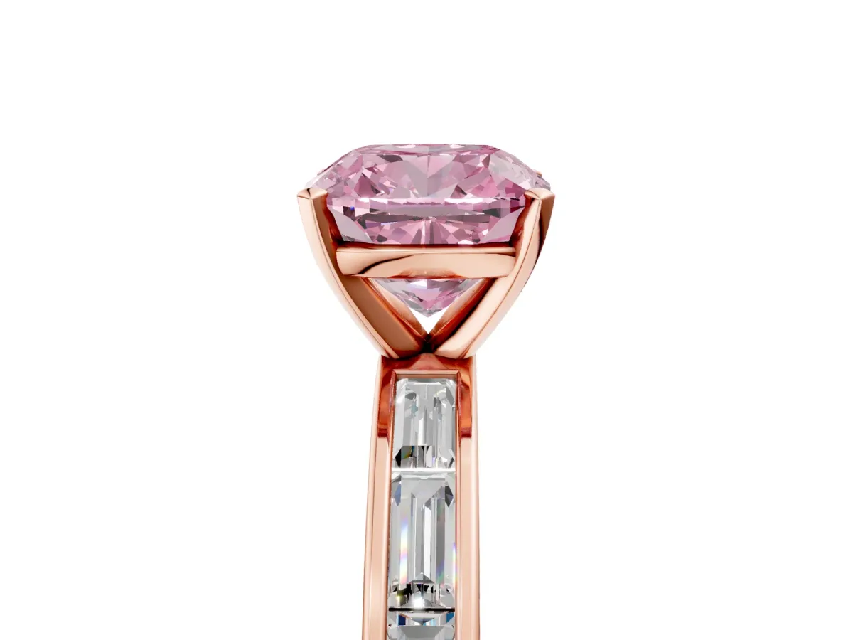 Fancy Pink Cushion Cut Solitaire Diamond Ring with Channel-Set Baguette Band and Four-Prong Setting Rose gold