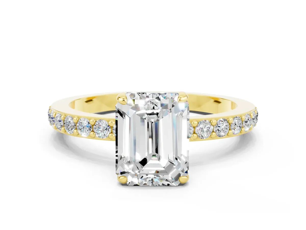 Emerald Cut Moissanite Solitaire Engagement Ring with Pavé Band and Four-Prong Setting Yellow gold