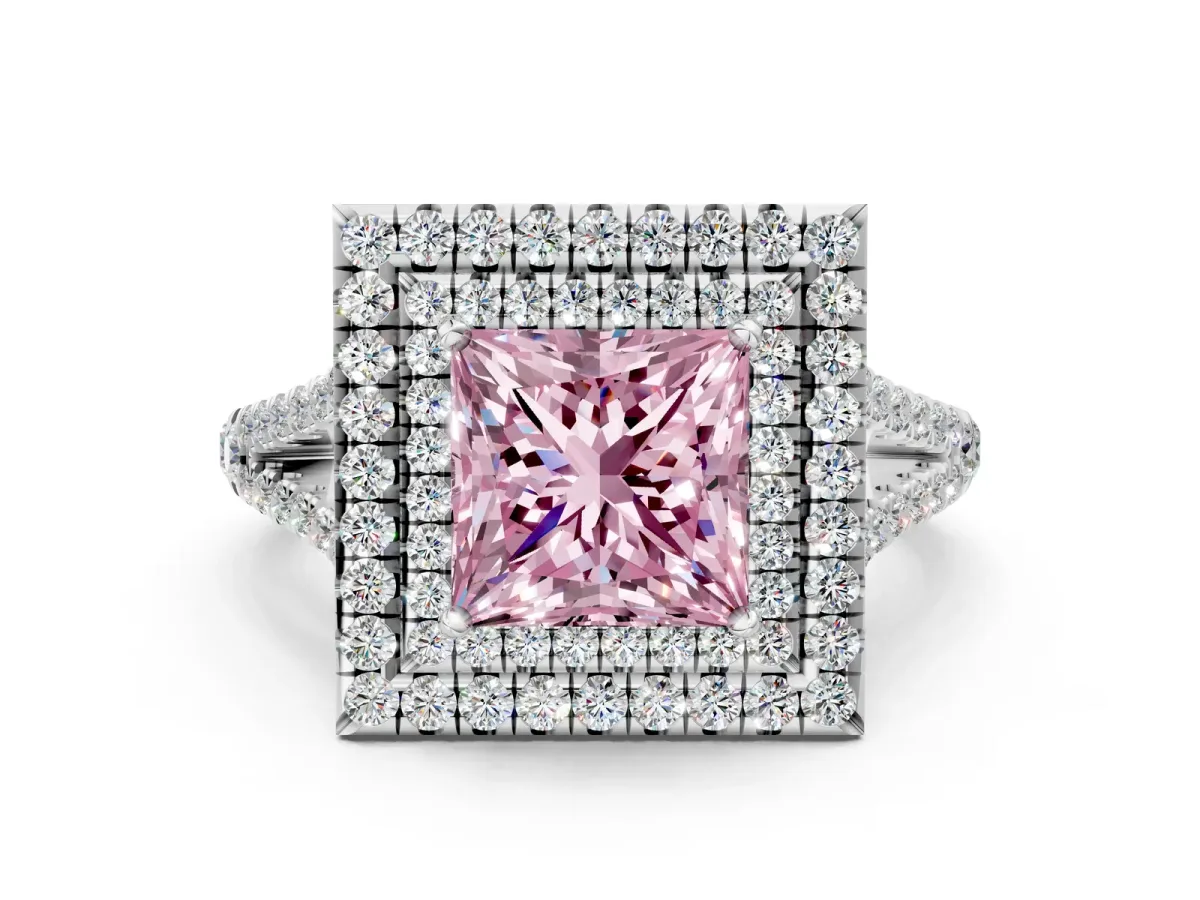 Fancy Pink Princess Cut Diamond Double Halo Ring with Pavé Band and Prong Setting White gold