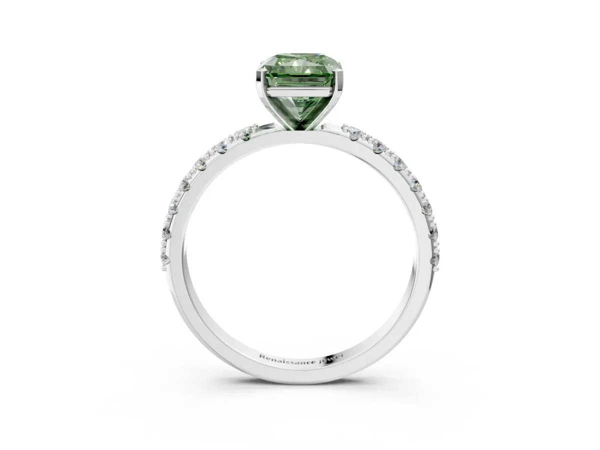 Fancy Green Radiant Cut Diamond Solitaire Pavé Band with Four-Prong Setting Platinum