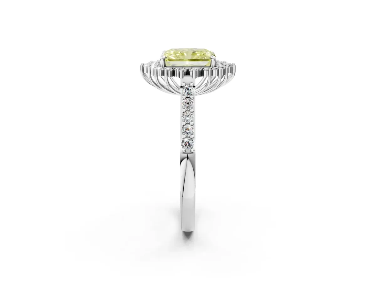 Fancy Yellow Radiant Cut Cut Diamond Sunburst Halo Engagement Ring with Pavé Band Platinum