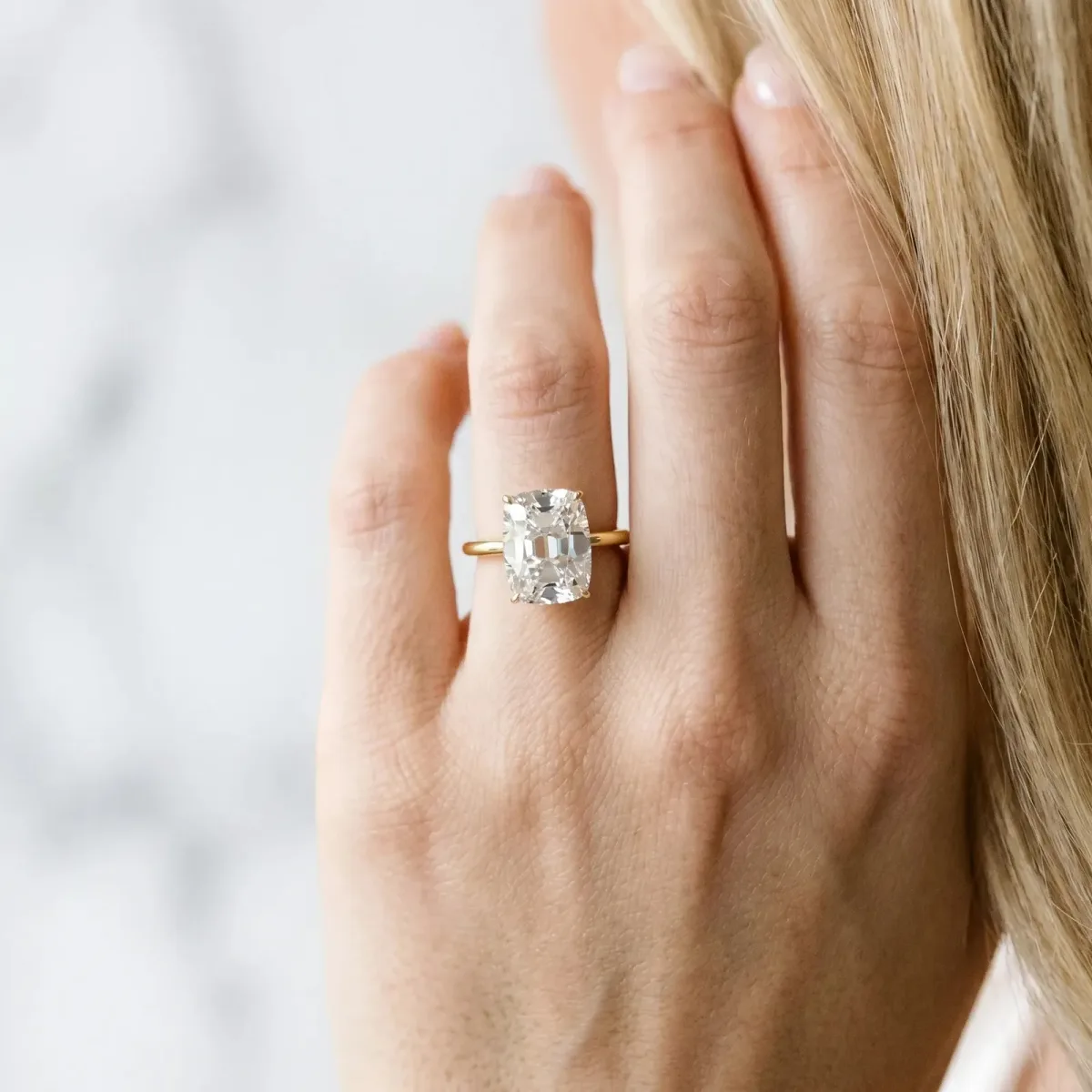Old Mine Elongated Cushion Diamond Classic Band Four Prong Solitaire Ring Yellow gold