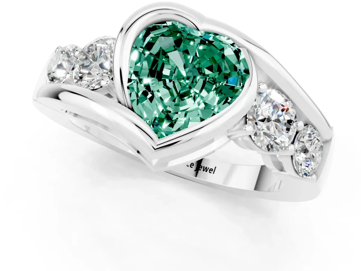 Bezel Set Heart Cut Green Sapphire Bypass Ring with Round Accents Silver