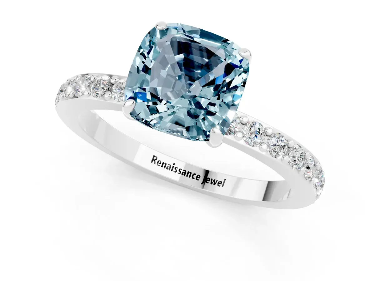 Cushion Cut Aquamarine Pavé Engagement Ring with Round Accents and Prong Setting Platinum