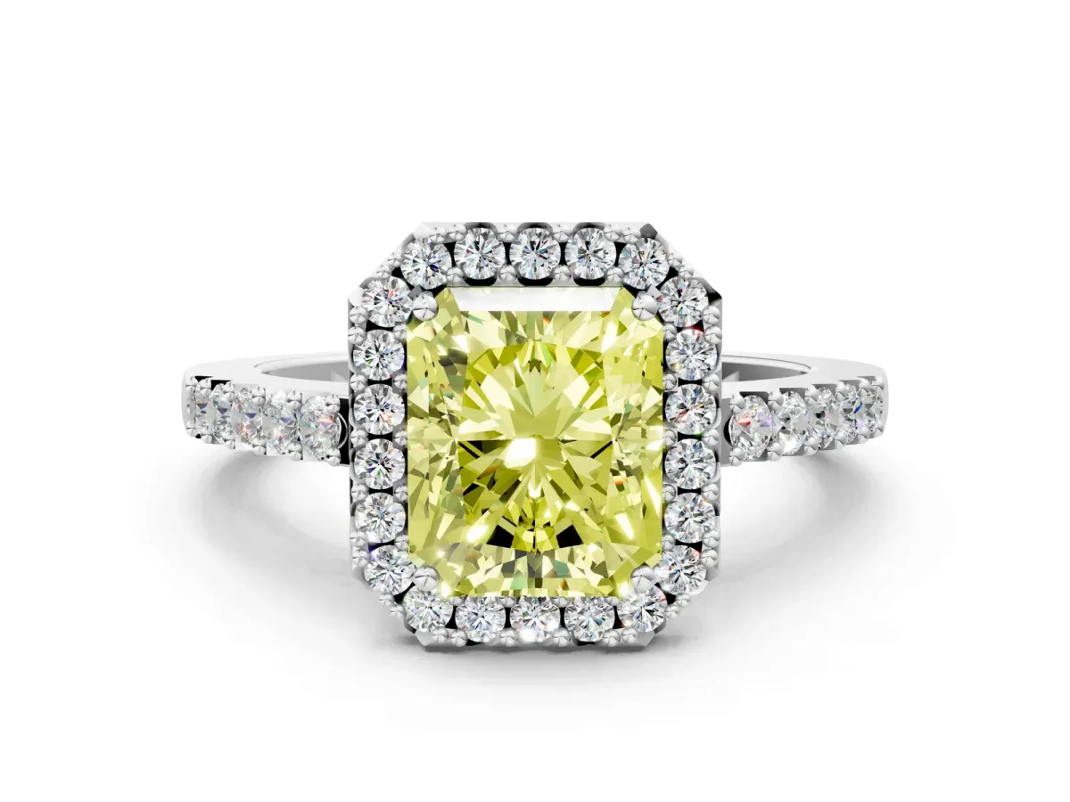 Fancy Yellow Radiant Cut Halo Diamond Pavé Solitaire Ring Platinum