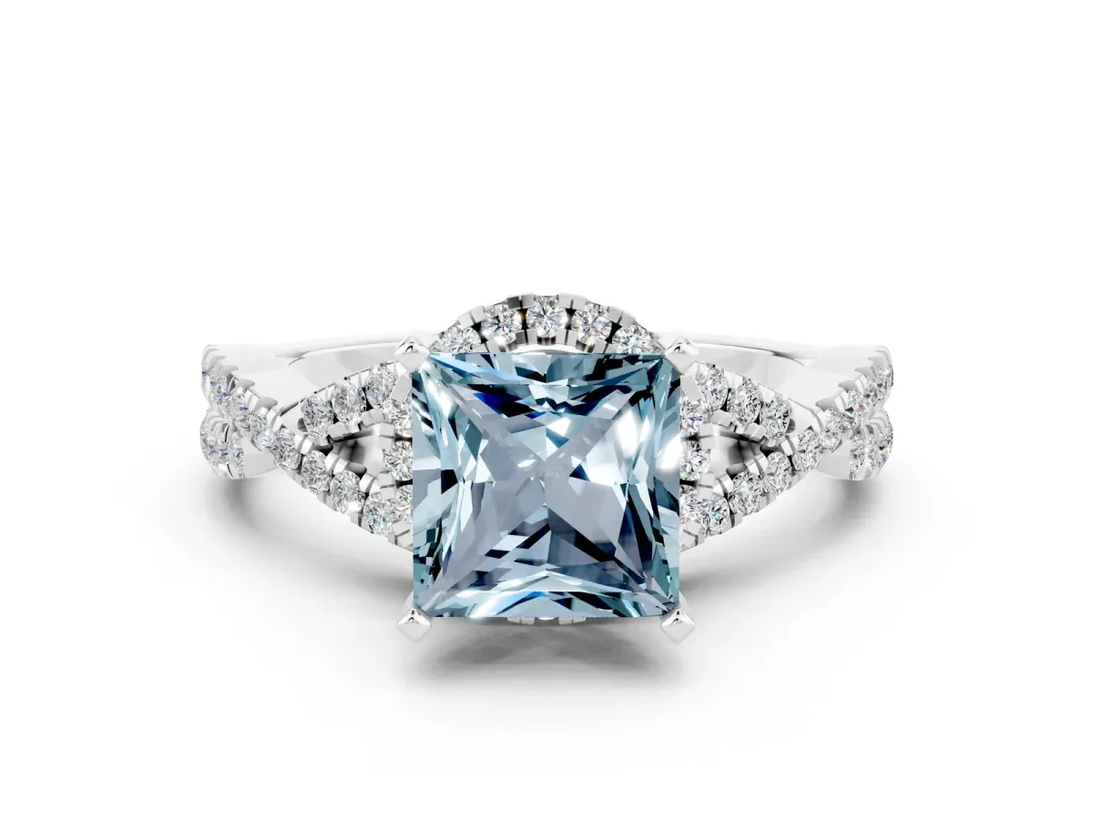 Princess Cut Aquamarine Halo Twist Band Solitaire Prong Setting Ring White gold