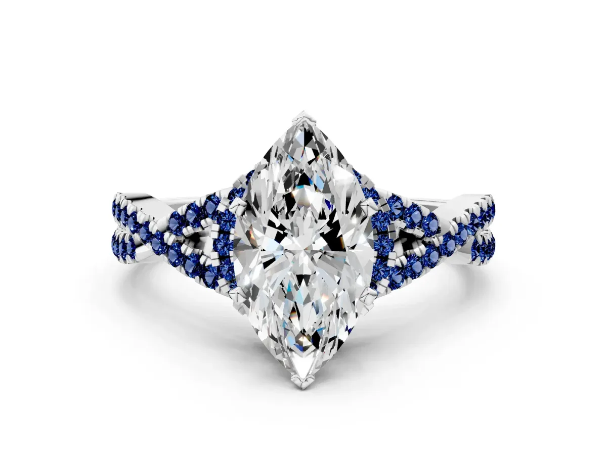 Marquise Cut Diamond Blue Sapphire Halo Twist Band Solitaire Prong Setting Ring White gold