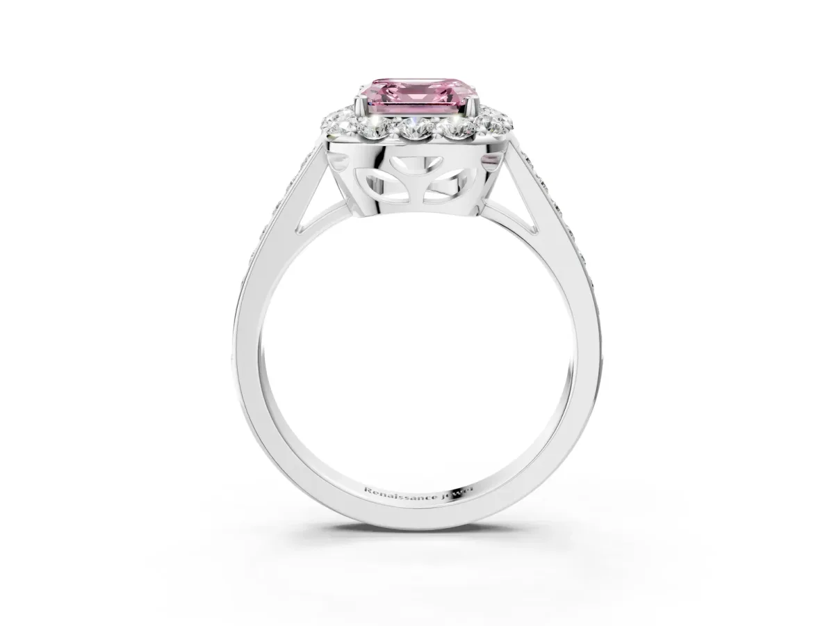Fancy Pink Asscher Cut Diamond Floral Halo Ring with Pavé Band and Prong Setting Platinum