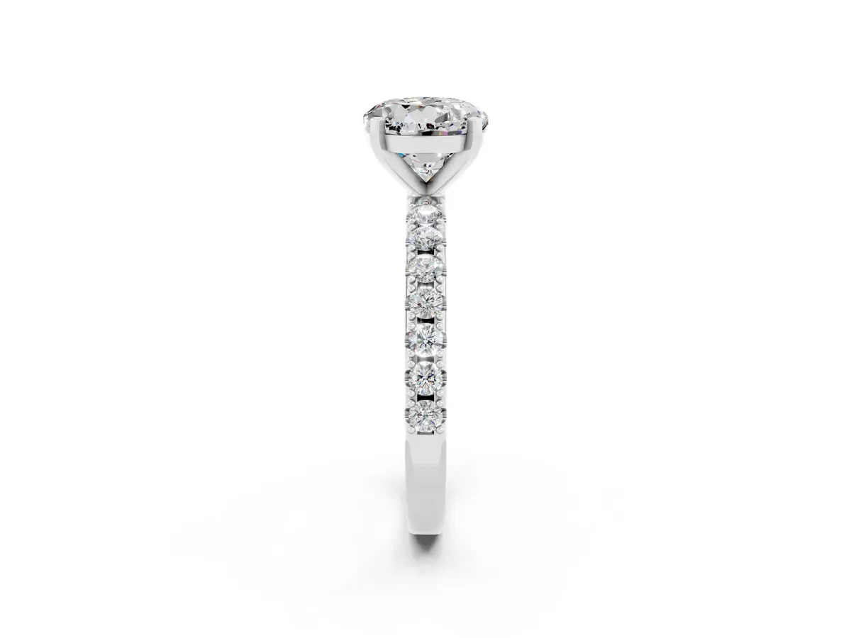 Round Cut Moissanite Solitaire Pavé Band with Four-Prong Setting Platinum