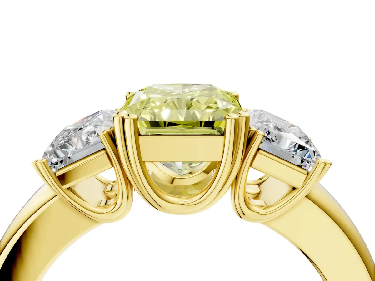 Fancy Yellow Three-Stone Radiant Cut Cut Diamond Ring with Channel Set Band and Four-Prong Setting Yellow gold