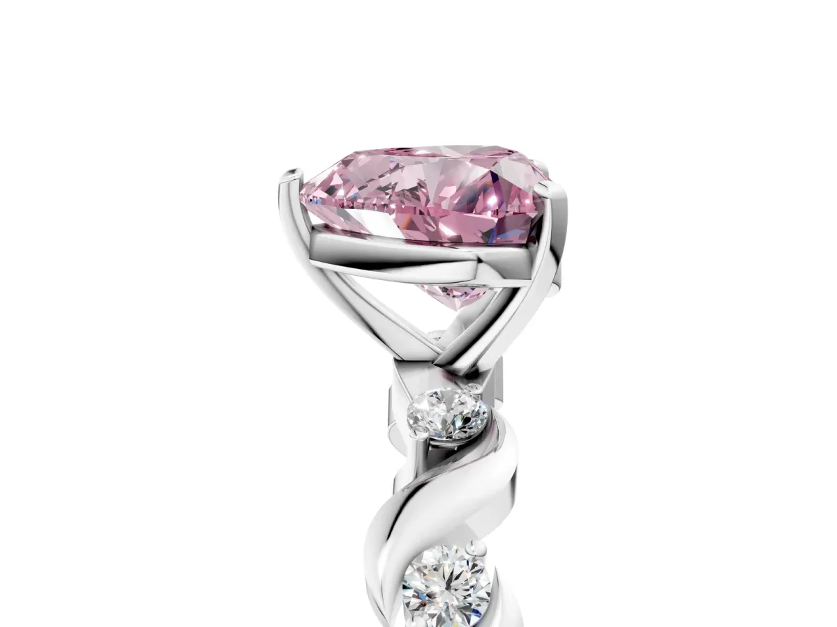 Fancy Pink Heart Cut Diamond Solitaire Twisted Band with Round Accents and Prong Setting White gold