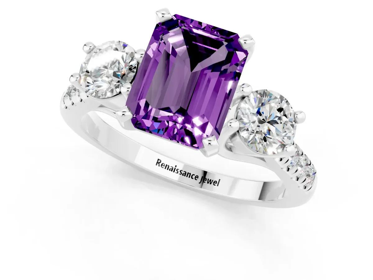 Three-Stone Emerald Cut Amethyst Pavé Band with Four-Prong Setting Silver