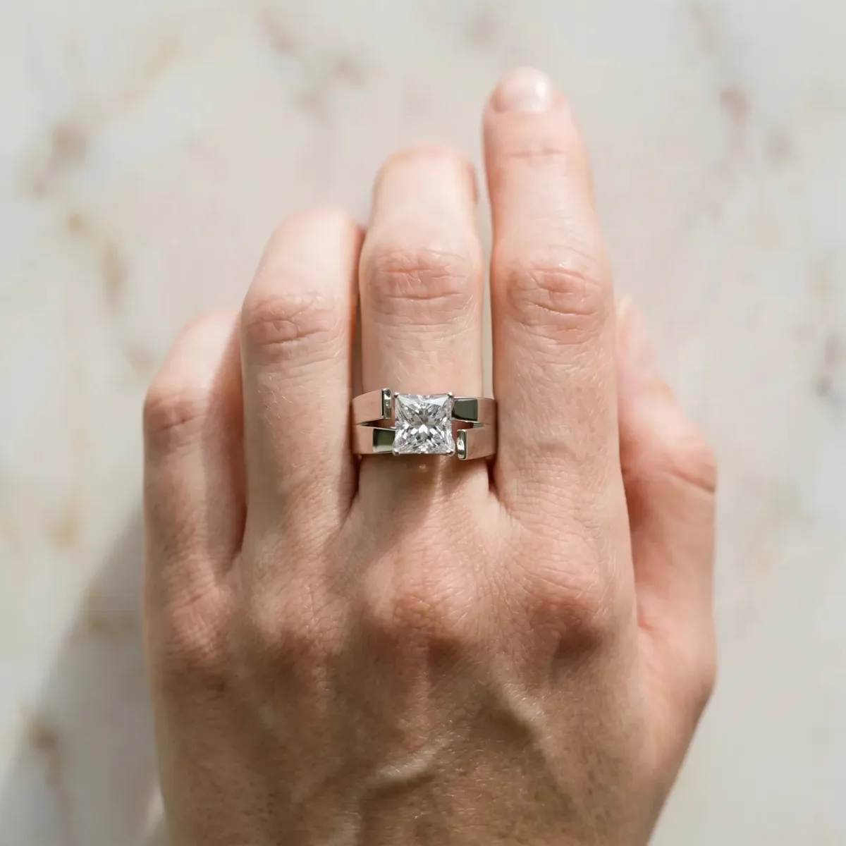Modern Tension Set Princess Cut Diamond Solitaire Wide Band Ring Platinum