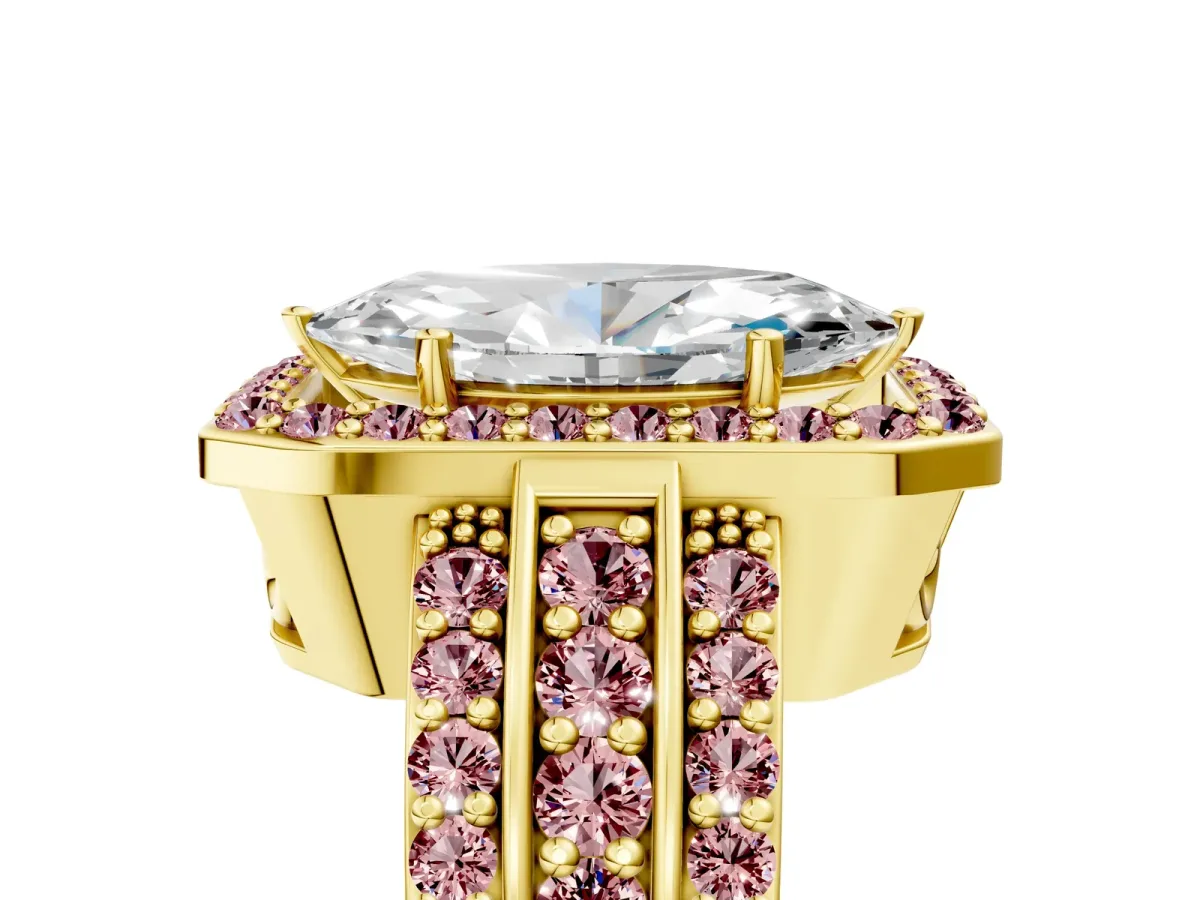 Marquise Cut Halo Diamond Ring with Round Morganite Split Shank and Prong Setting Yellow gold