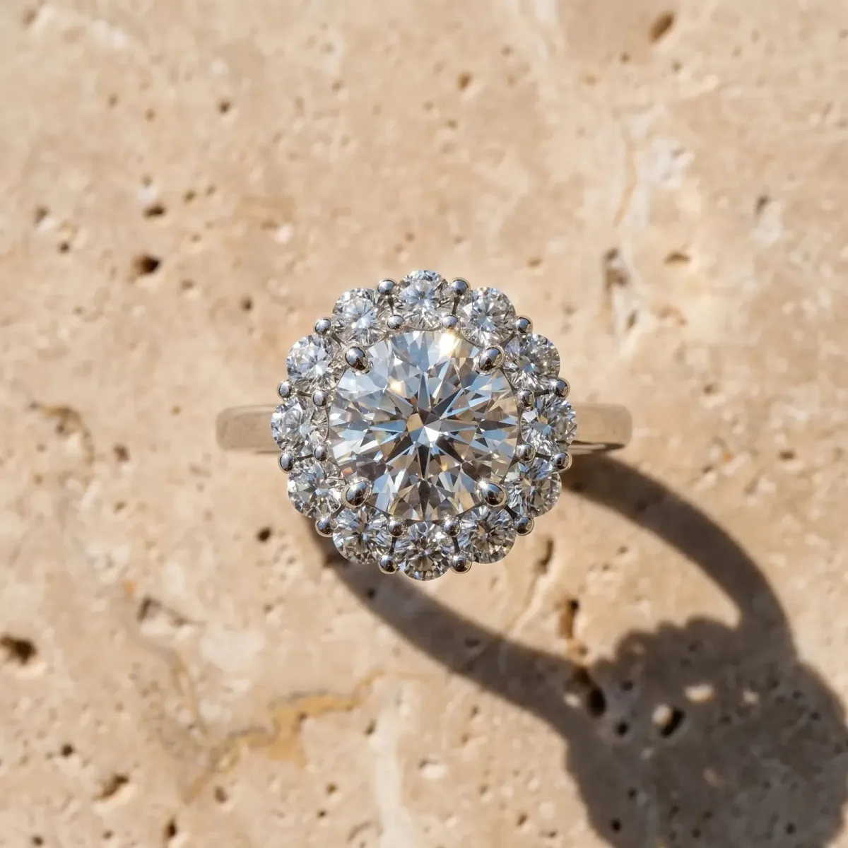 Round Cut Halo Cluster Diamond Engagement Ring with Prong Setting and Polished Band White gold