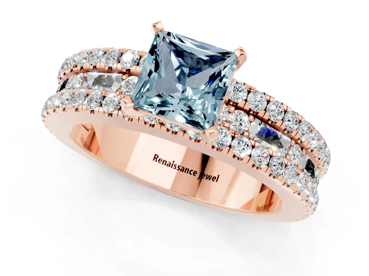 Princess Cut Aquamarine Solitaire Ring with Pavé and Channel Set Band Rose gold