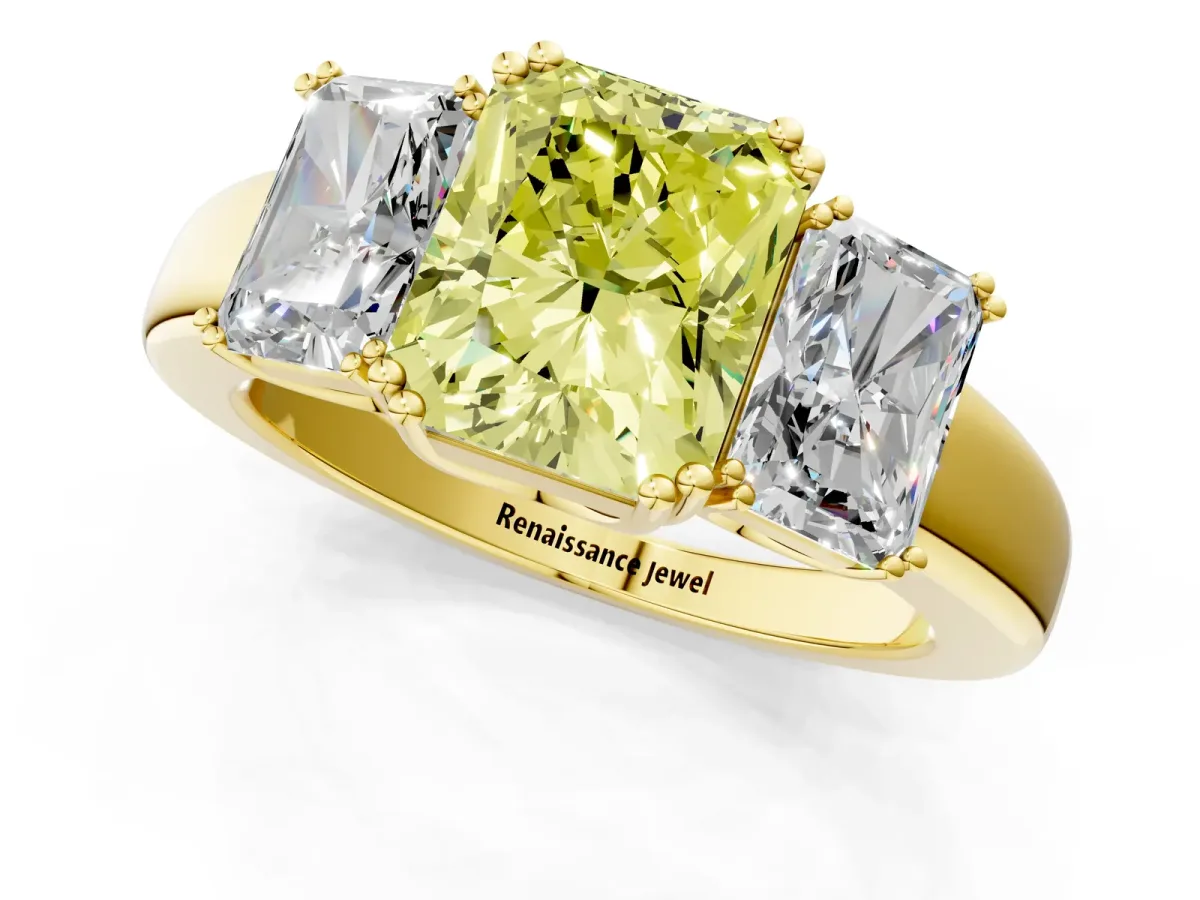 Fancy Yellow Three-Stone Radiant Cut Cut Diamond Ring with Channel Set Band and Four-Prong Setting Yellow gold