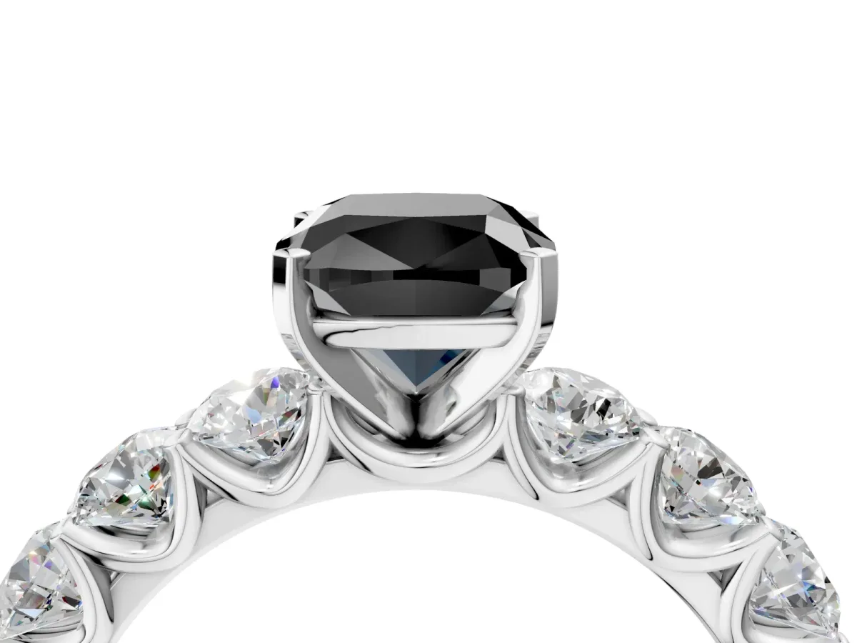 Fancy Black Cushion Cut Diamond Prong Setting with Side Stones on a Pave Band Silver