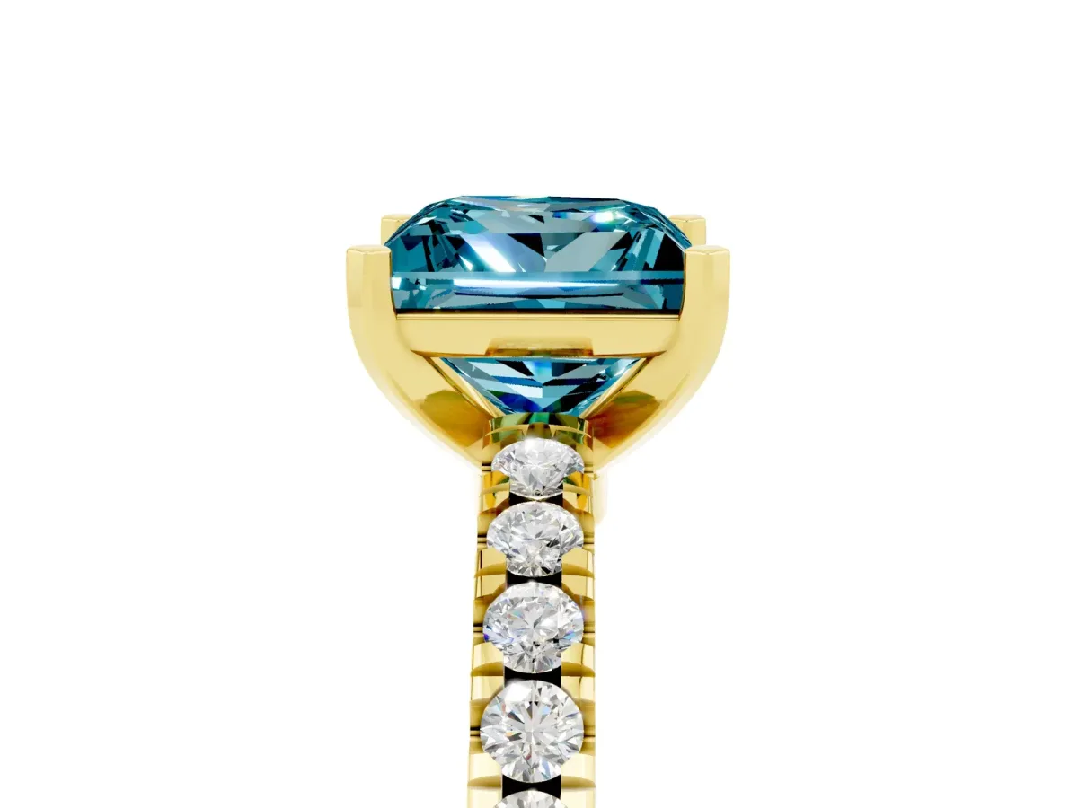 Princess Cut Solitaire Blue Topaz with Pavé Band and Four-Prong Setting Yellow gold