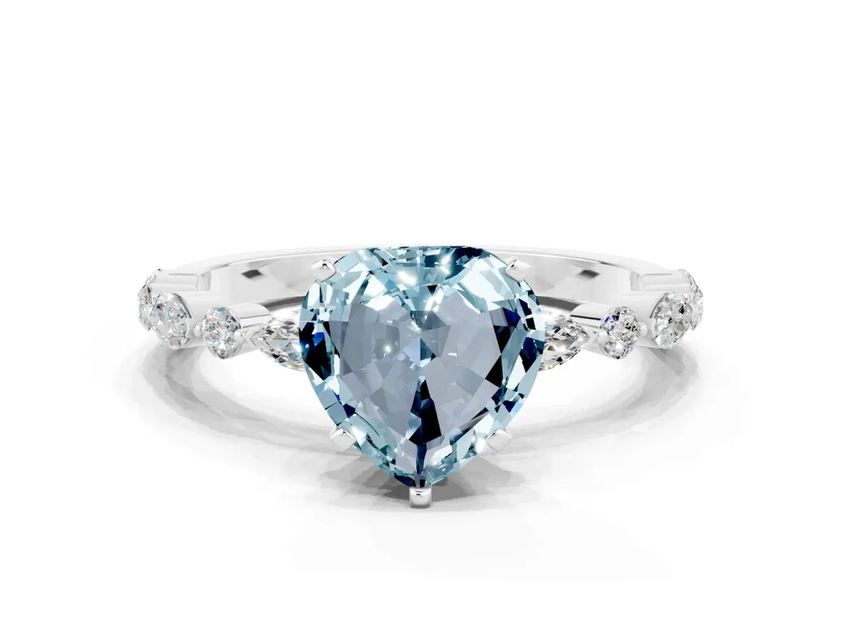 Heart Cut Aquamarine Ring with Marquise and Round Side Stones and Four-Prong Setting Platinum