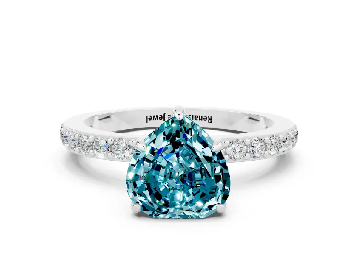 Heart Cut Blue Topaz Solitaire Engagement Ring with Pavé Band and Four-Prong Setting White gold