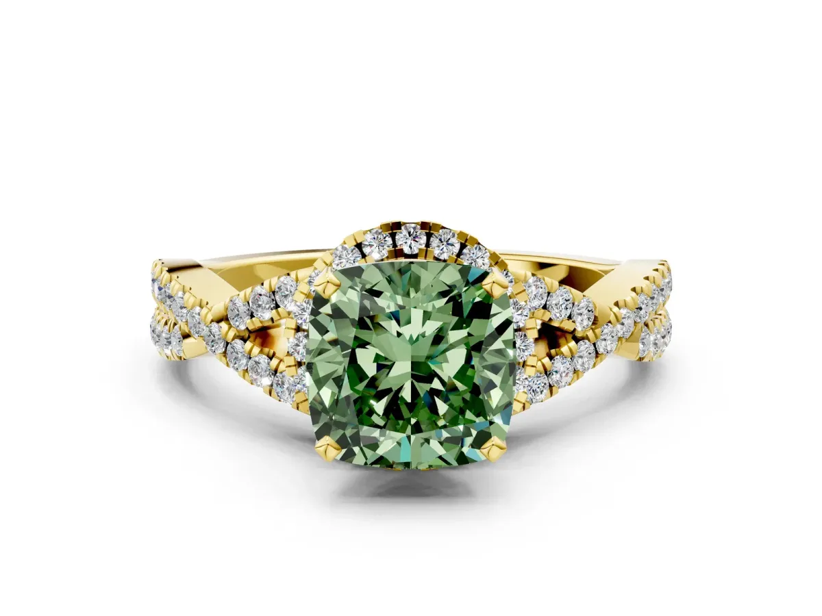 Fancy Green Cushion Cut Diamond Halo Twist Band Solitaire Prong Setting Ring Yellow gold